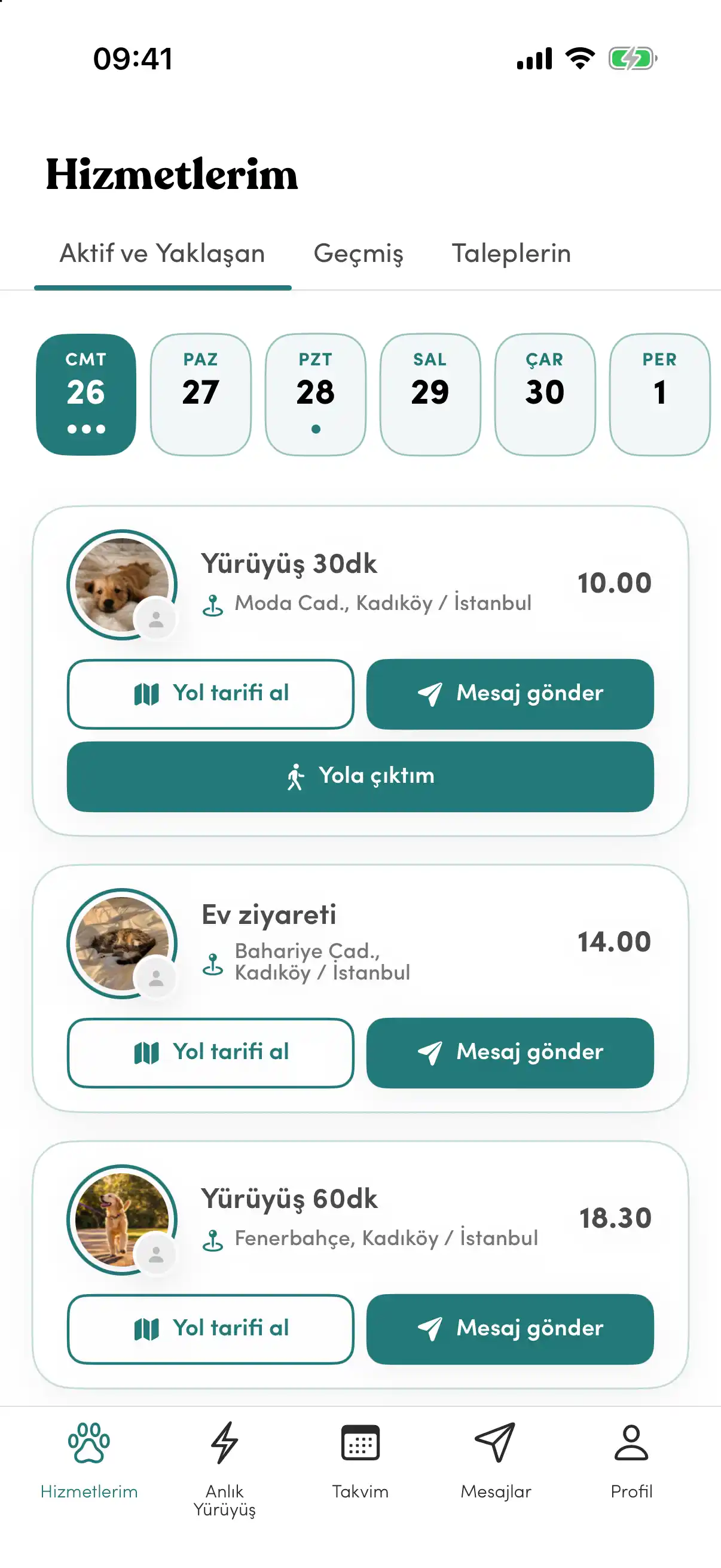 Walker'ın «Hizmetlerim» ekranı: gün şeridi ve günün hizmetleri; kartlarda adres, saat, «Yol tarifi al», «Mesaj gönder» ve «Yola çıktım» düğmeleri.