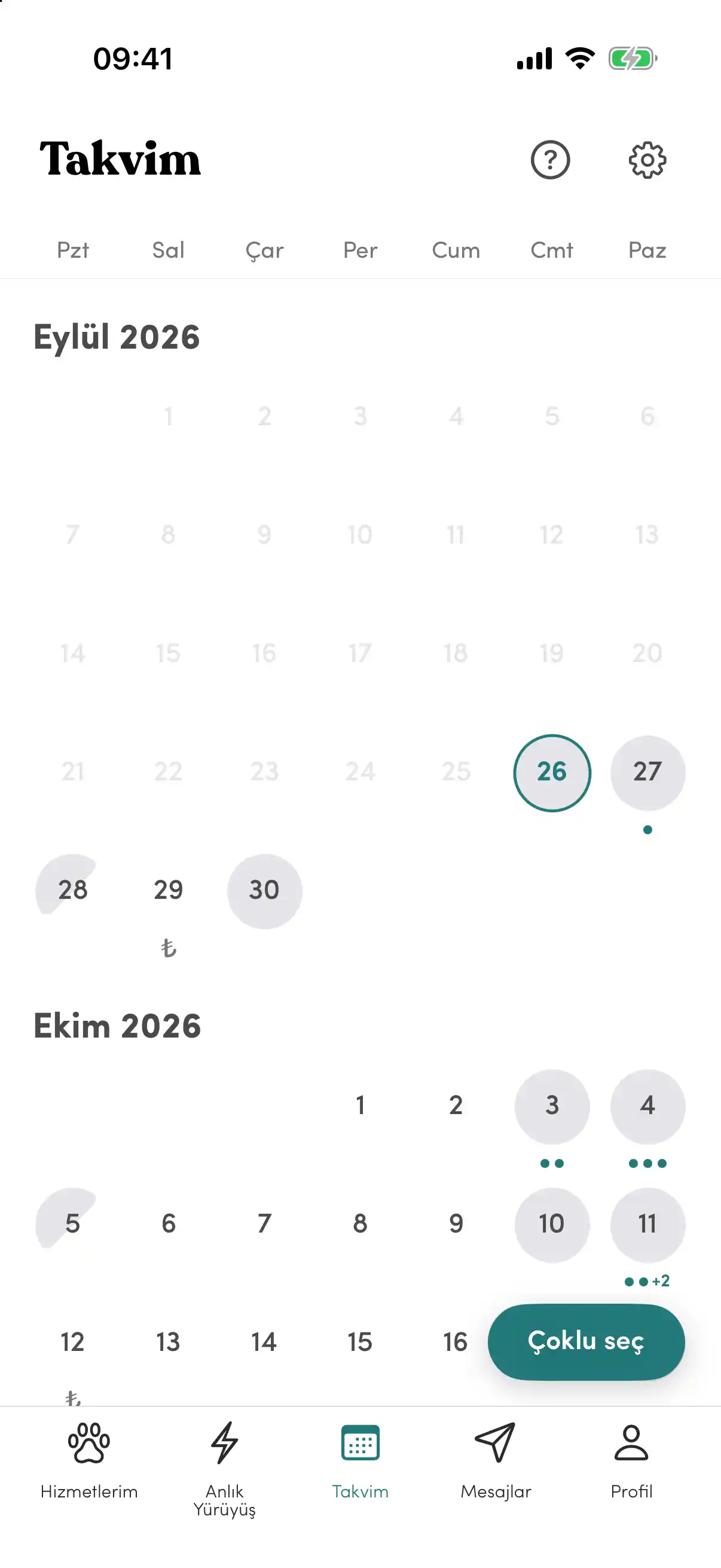 Walker'ın müsaitlik takvimi: eylül ve ekim günleri; rezervasyonlu ve özel ücretli günler işaretli, «Çoklu seç» düğmesi.