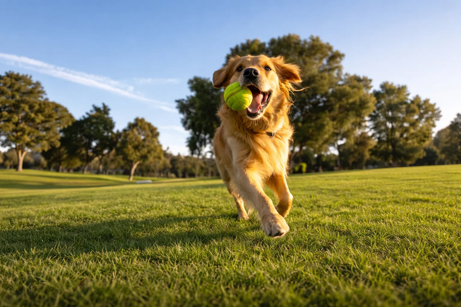 Ağzında tenis topuyla çimenlikte koşan bir golden retriever.
